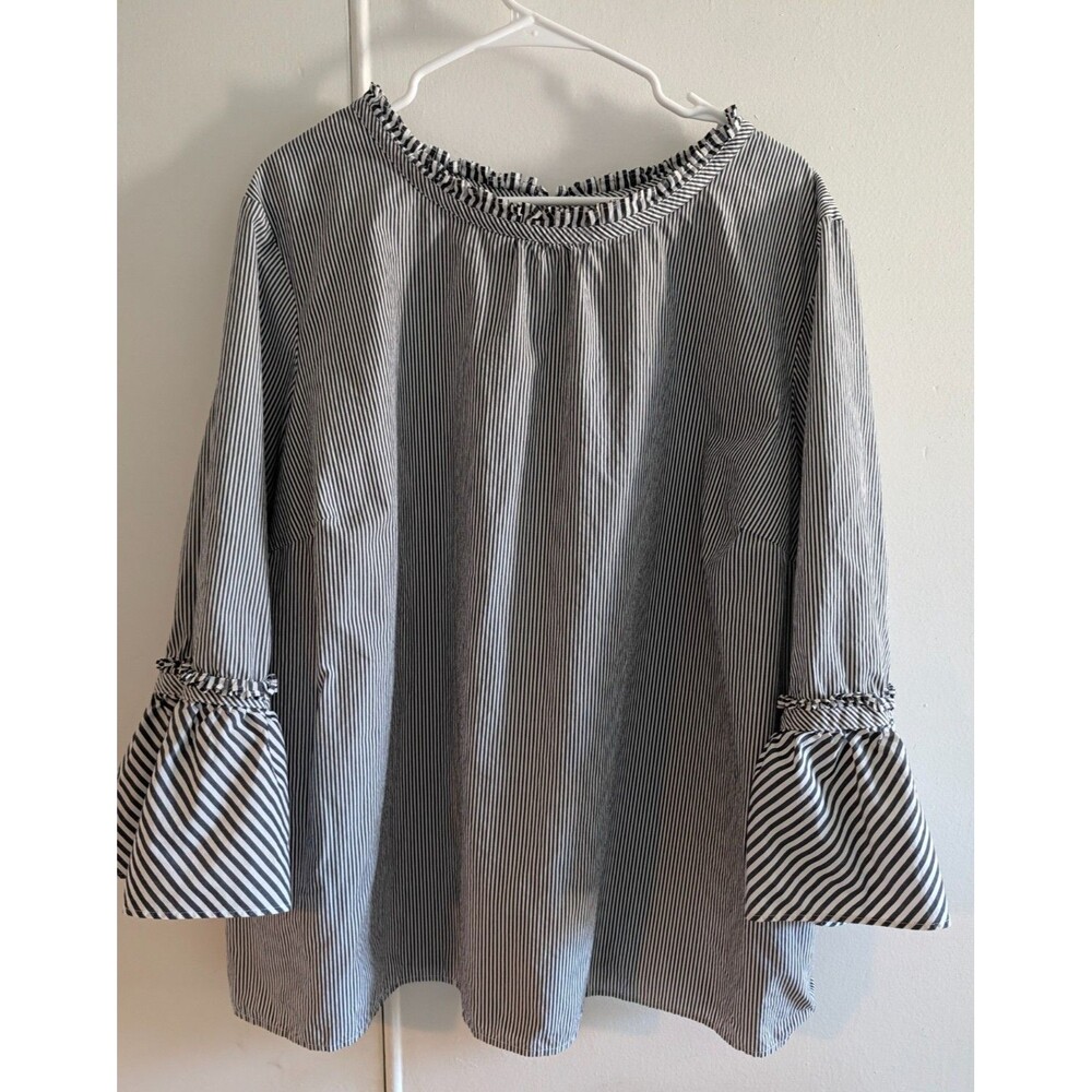 Talbots Striped Bell Sleeve Top Ruffle Neck Keyhole Back Cotton Blouse Peasant